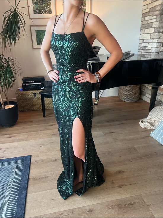 Windsor Dresses & Skirts - Emerald Green Sequin Strap Evening Gown with Thigh Slit